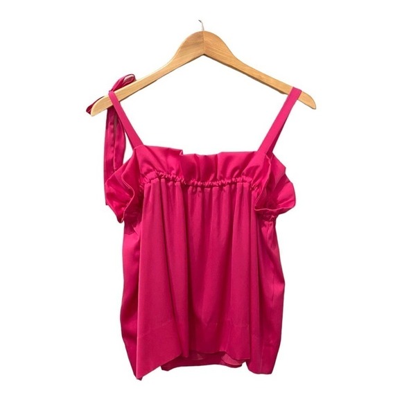 Lewit Hot Pink Ruffle Tie Shoulder Silk Camisole Tank Top Barbiecore Size Medium - Picture 5 of 7